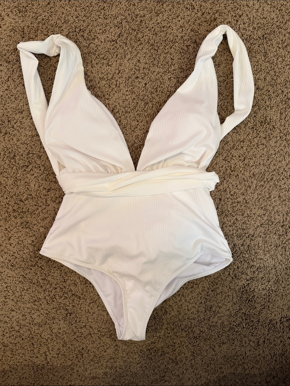 White Ribbed One-Piece Swimsuit with Plunging V-Neck